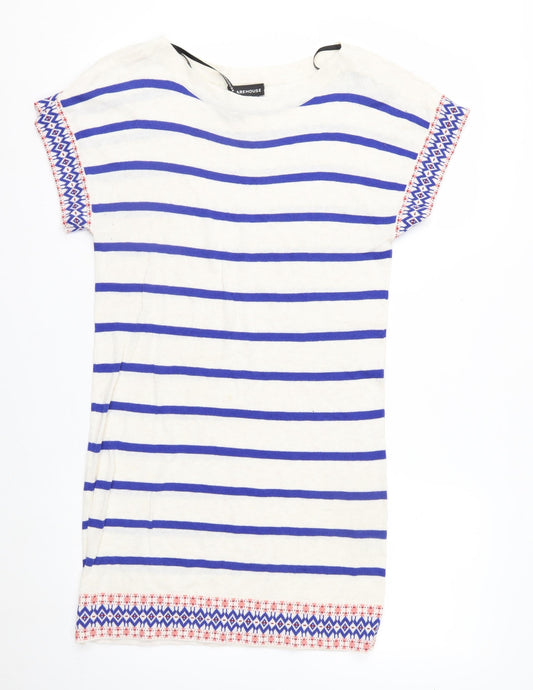 Warehouse Women White Blue Striped Knit Jumper UK 10 Cotton Short Sleeve