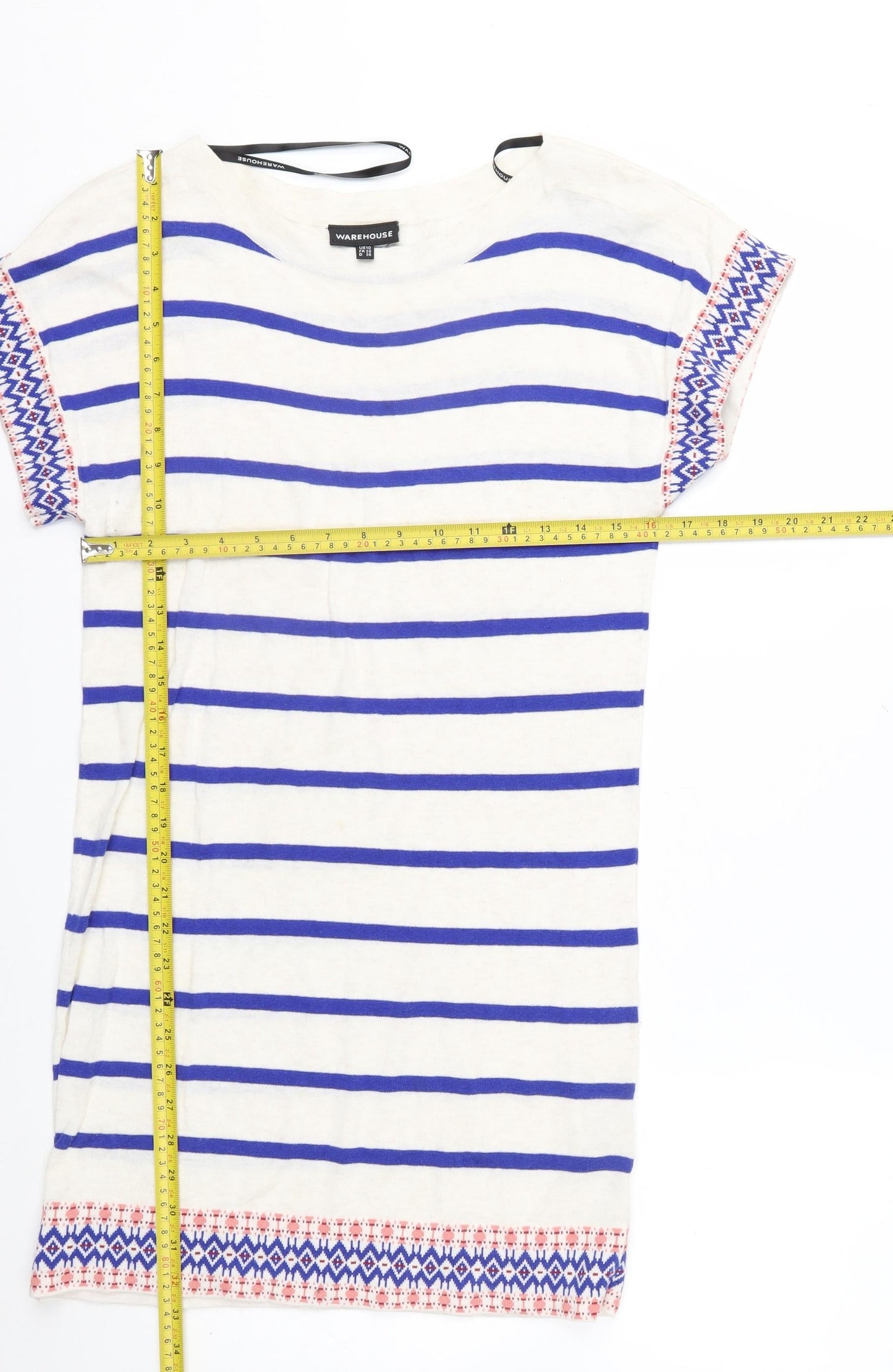 Warehouse Women White Blue Striped Knit Jumper UK 10 Cotton Short Sleeve
