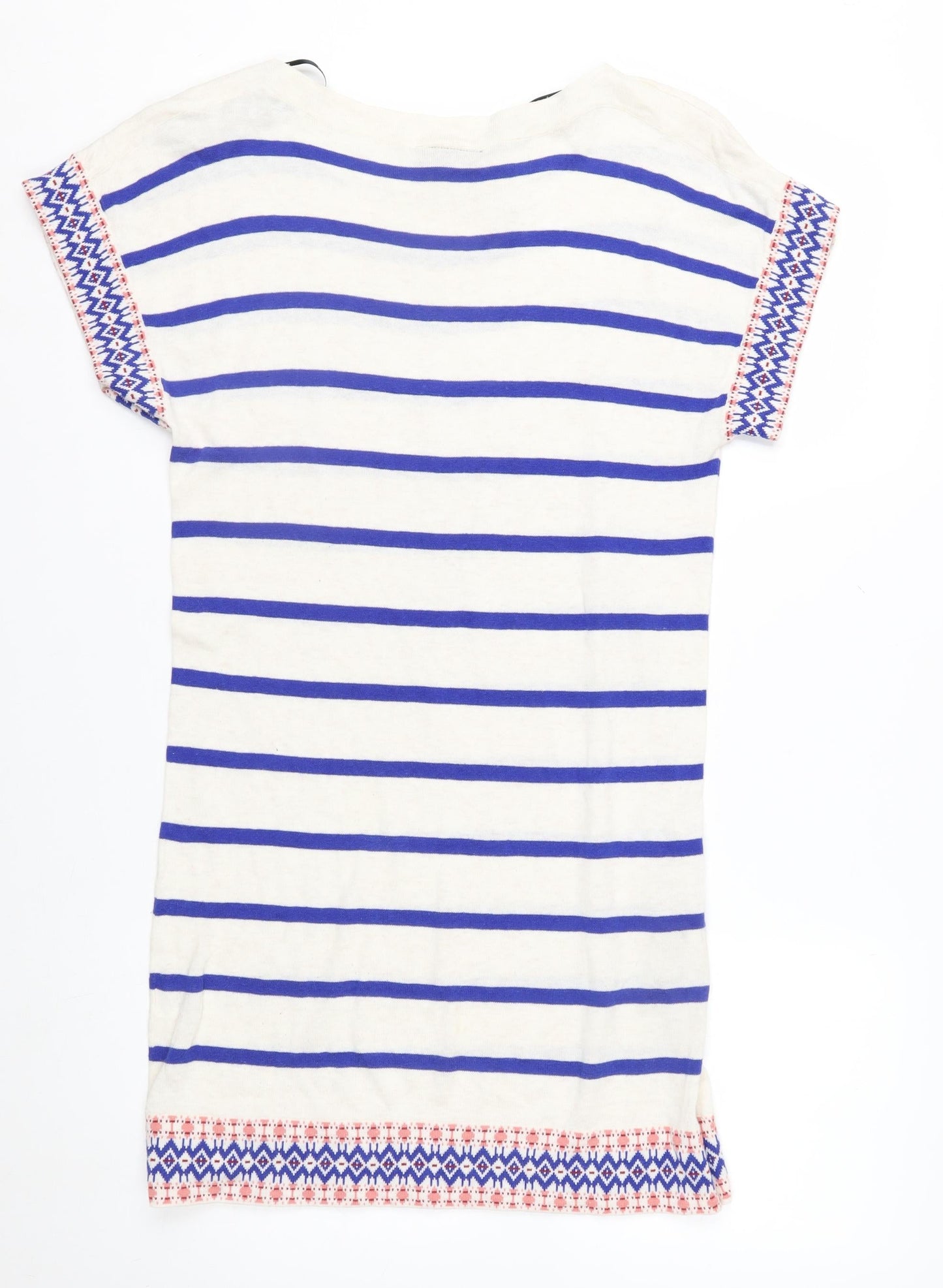 Warehouse Women White Blue Striped Knit Jumper UK 10 Cotton Short Sleeve