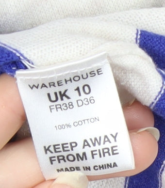 Warehouse Women White Blue Striped Knit Jumper UK 10 Cotton Short Sleeve