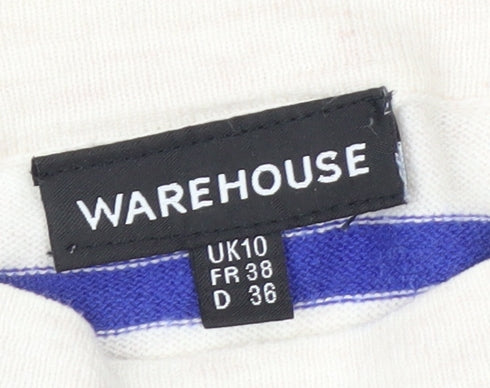 Warehouse Women White Blue Striped Knit Jumper UK 10 Cotton Short Sleeve