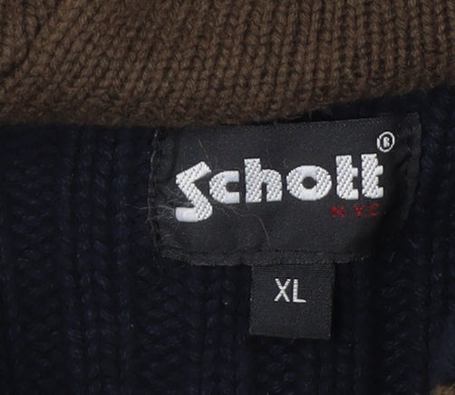 Schott NYC Men's Blue XL Full Zip Hooded Cotton Jumper