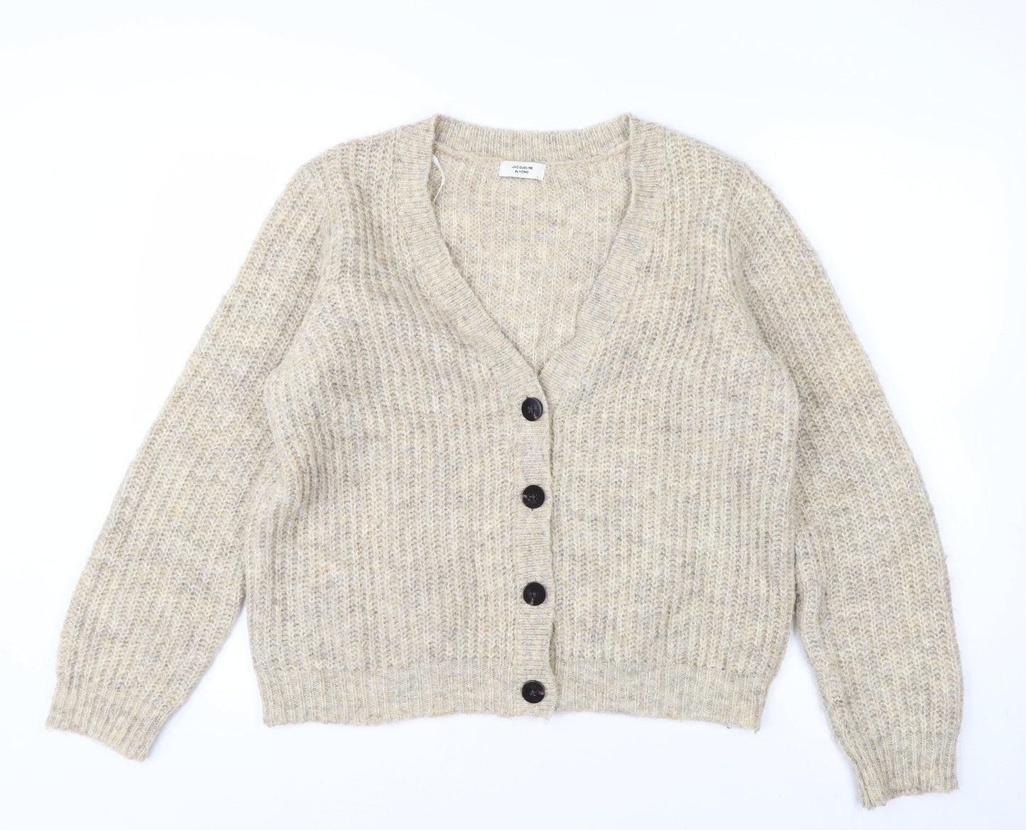 Jacqueline de Yong Womens Beige L Button Cardigan Knit V-Neck Jumper
