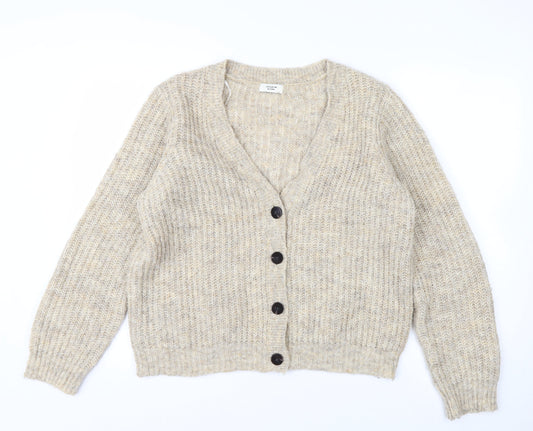 Jacqueline de Yong Womens Beige L Button Cardigan Knit V-Neck Jumper