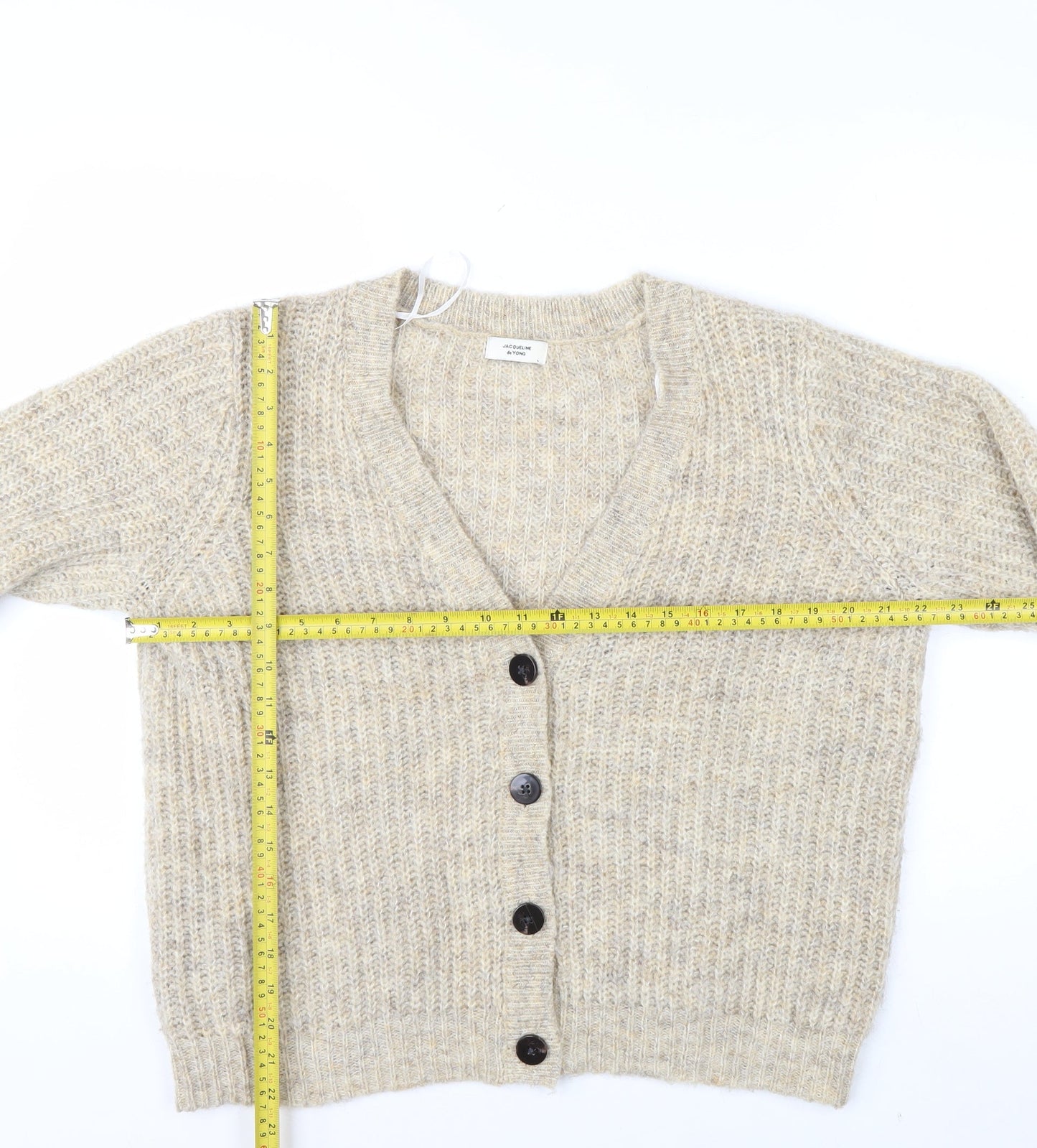Jacqueline de Yong Womens Beige L Button Cardigan Knit V-Neck Jumper