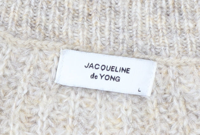 Jacqueline de Yong Womens Beige L Button Cardigan Knit V-Neck Jumper
