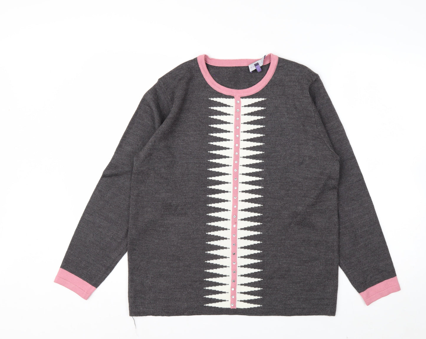 Autonomy Womens Grey Pink Cardigan Medium Acrylic Knit Long Sleeve