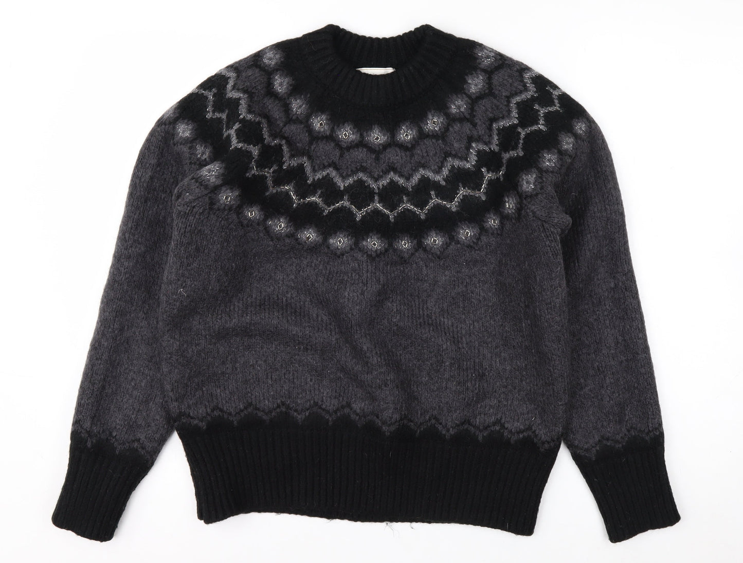 Joules Women Grey Fair Isle Crew Neck Chunky Knit Jumper Size 14