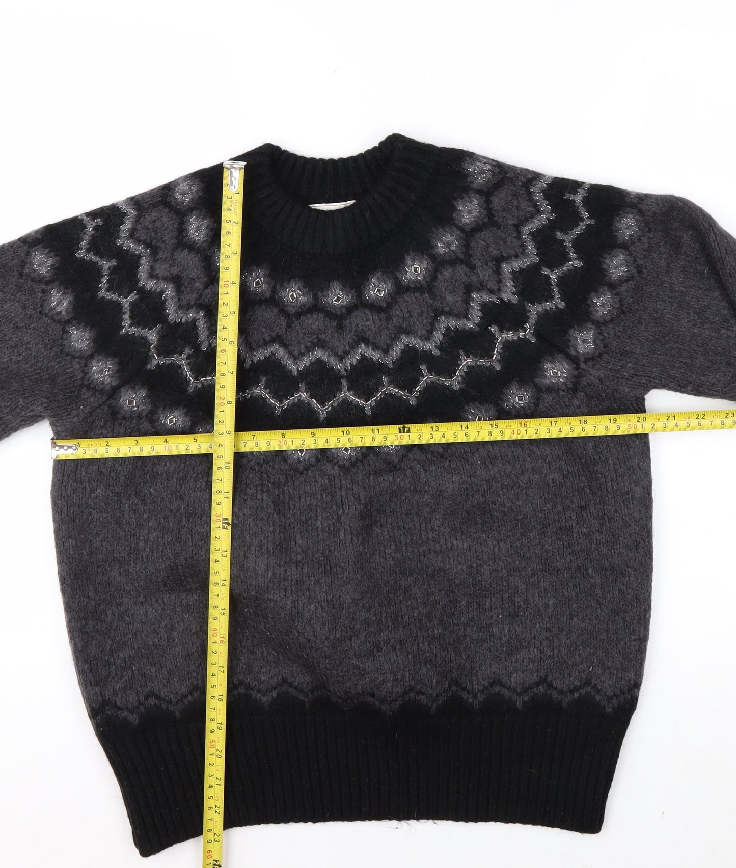 Joules Women Grey Fair Isle Crew Neck Chunky Knit Jumper Size 14