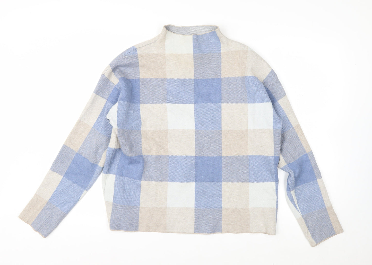 Tahari Women Blue Check Mock Neck Long Sleeve Pullover Jumper Size L