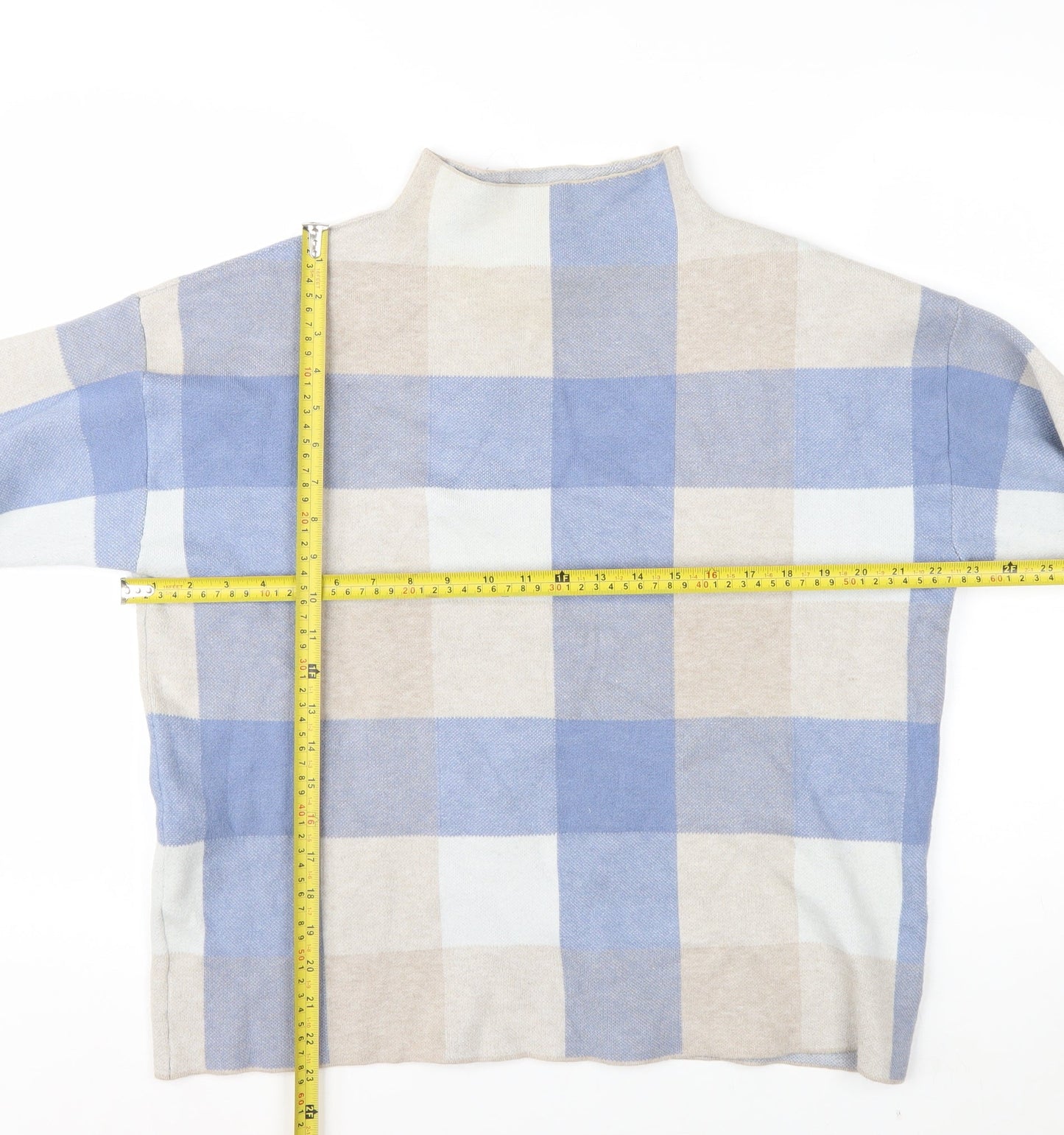 Tahari Women Blue Check Mock Neck Long Sleeve Pullover Jumper Size L