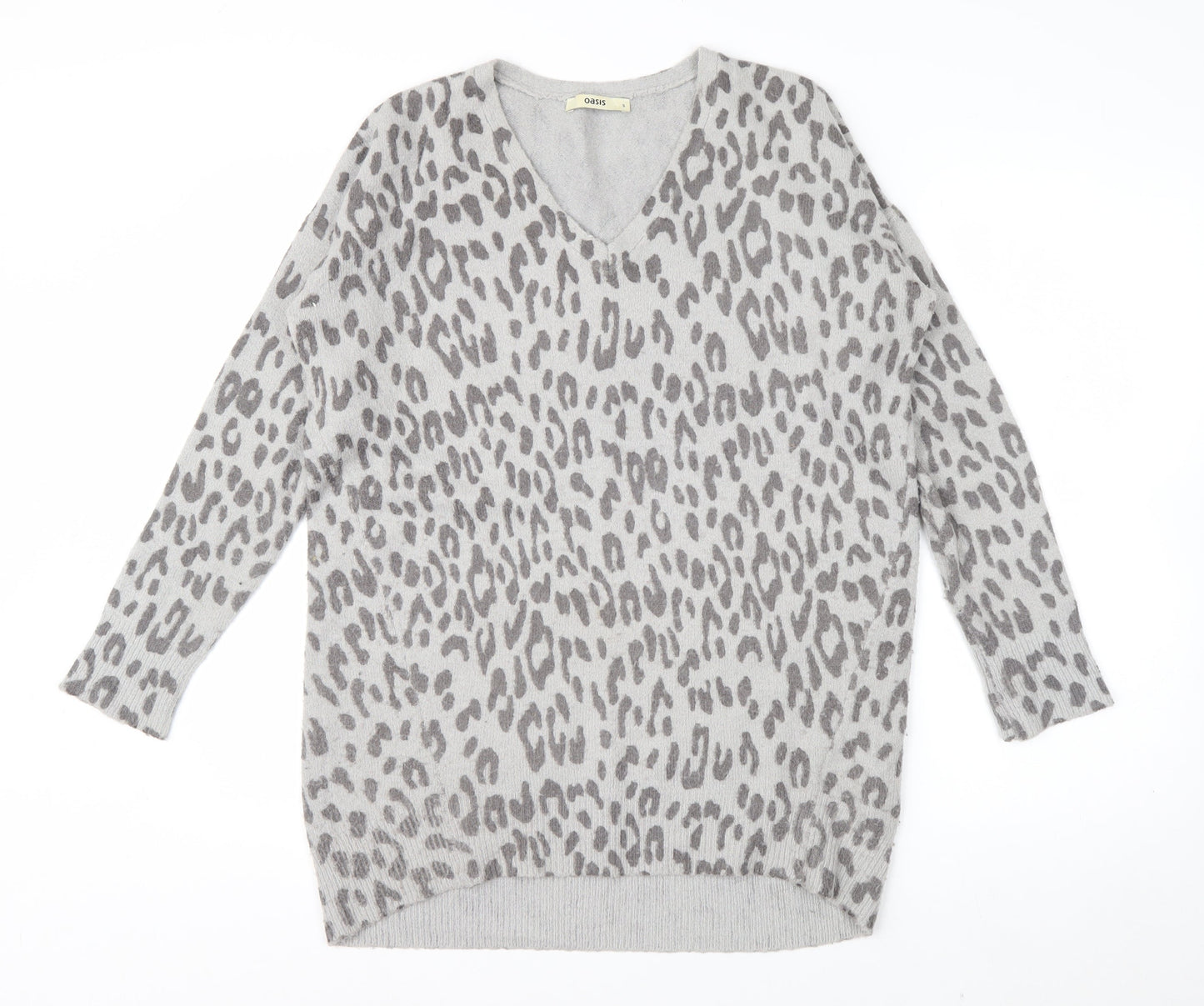 Oasis Women's Grey Animal Print V-Neck Knit Jumper Size S