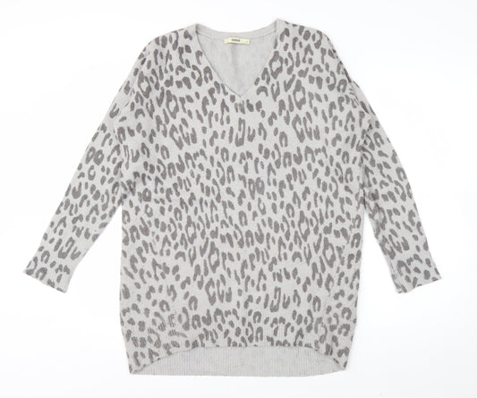 Oasis Women's Grey Animal Print V-Neck Knit Jumper Size S