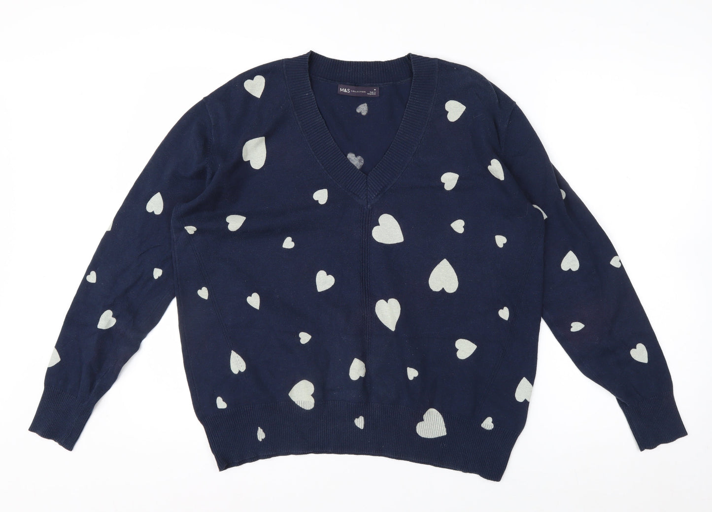 Marks and Spencer Women's Blue Heart V-Neck Cotton Jumper M