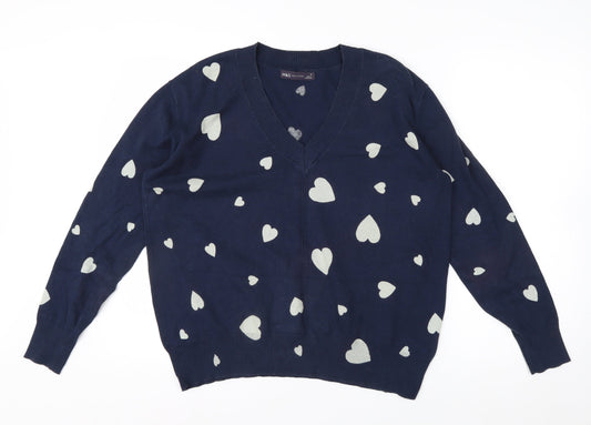 Marks and Spencer Women's Blue Heart V-Neck Cotton Jumper M