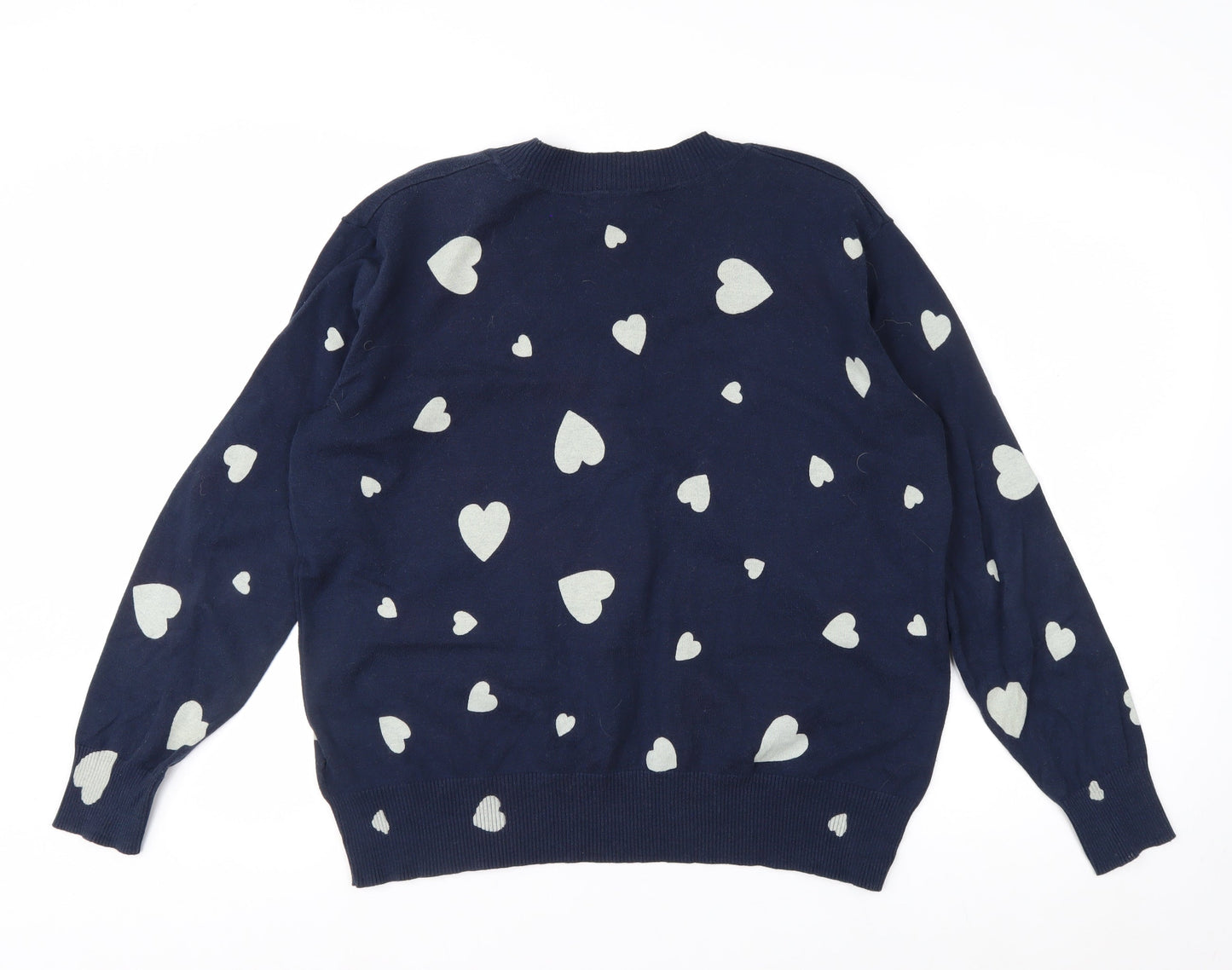 Marks and Spencer Women's Blue Heart V-Neck Cotton Jumper M