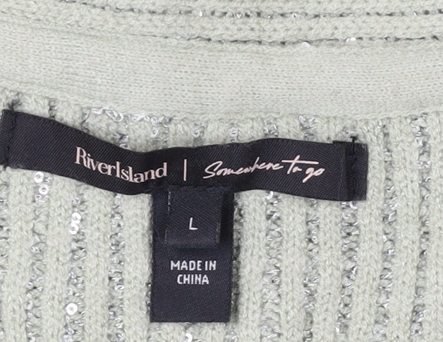 River Island Womens Silver L Cardigan Sequin Knit Long Sleeve