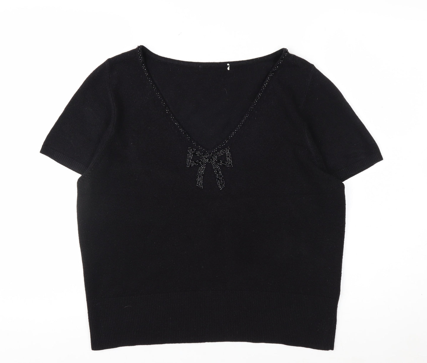 Marks and Spencer Women's Black V-Neck Short Sleeve Acrylic Bow Jumper Size 18