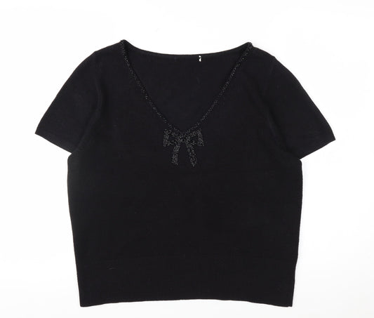Marks and Spencer Women's Black V-Neck Short Sleeve Acrylic Bow Jumper Size 18