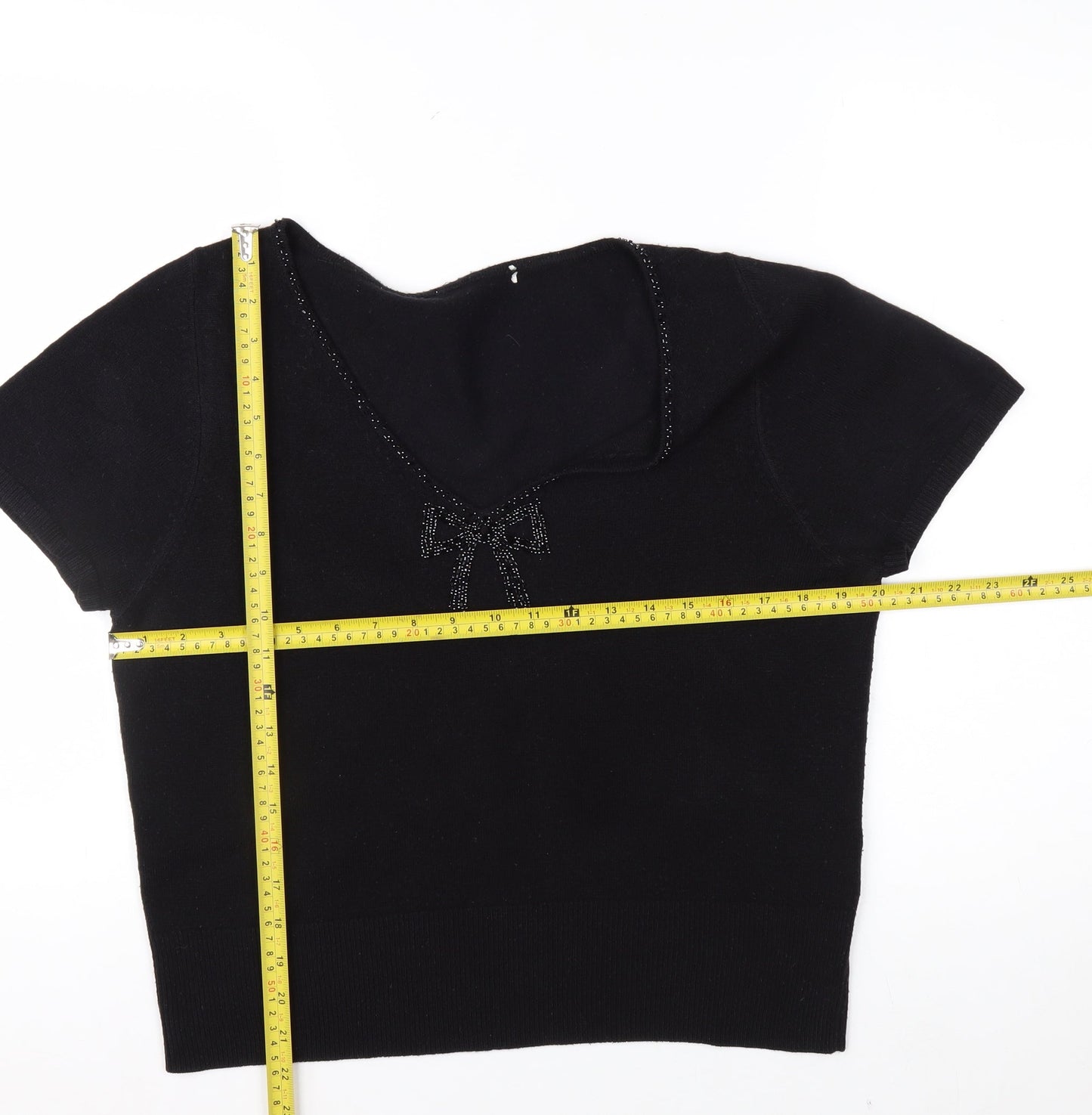 Marks and Spencer Women's Black V-Neck Short Sleeve Acrylic Bow Jumper Size 18
