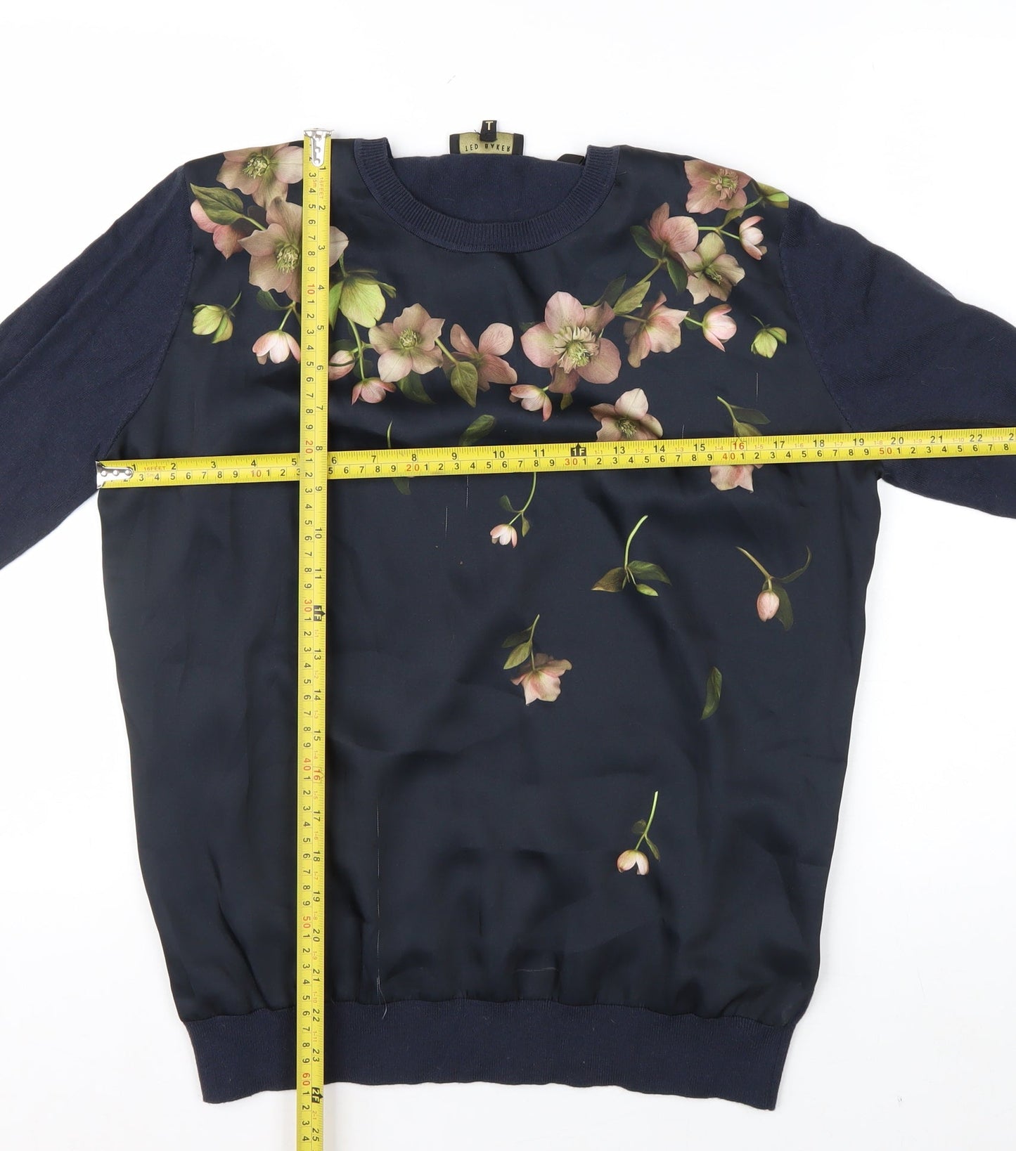 Ted Baker Women’s Blue Floral Crew Neck Long Sleeve Jersey Blouse Size 10