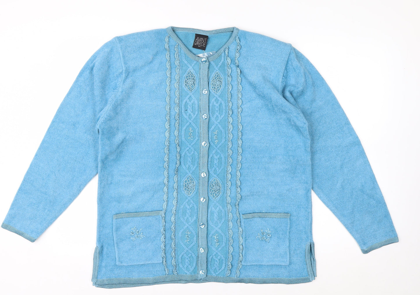 Avant Garde Women Blue M/L Cardigan Embroidered Knit Long Sleeve