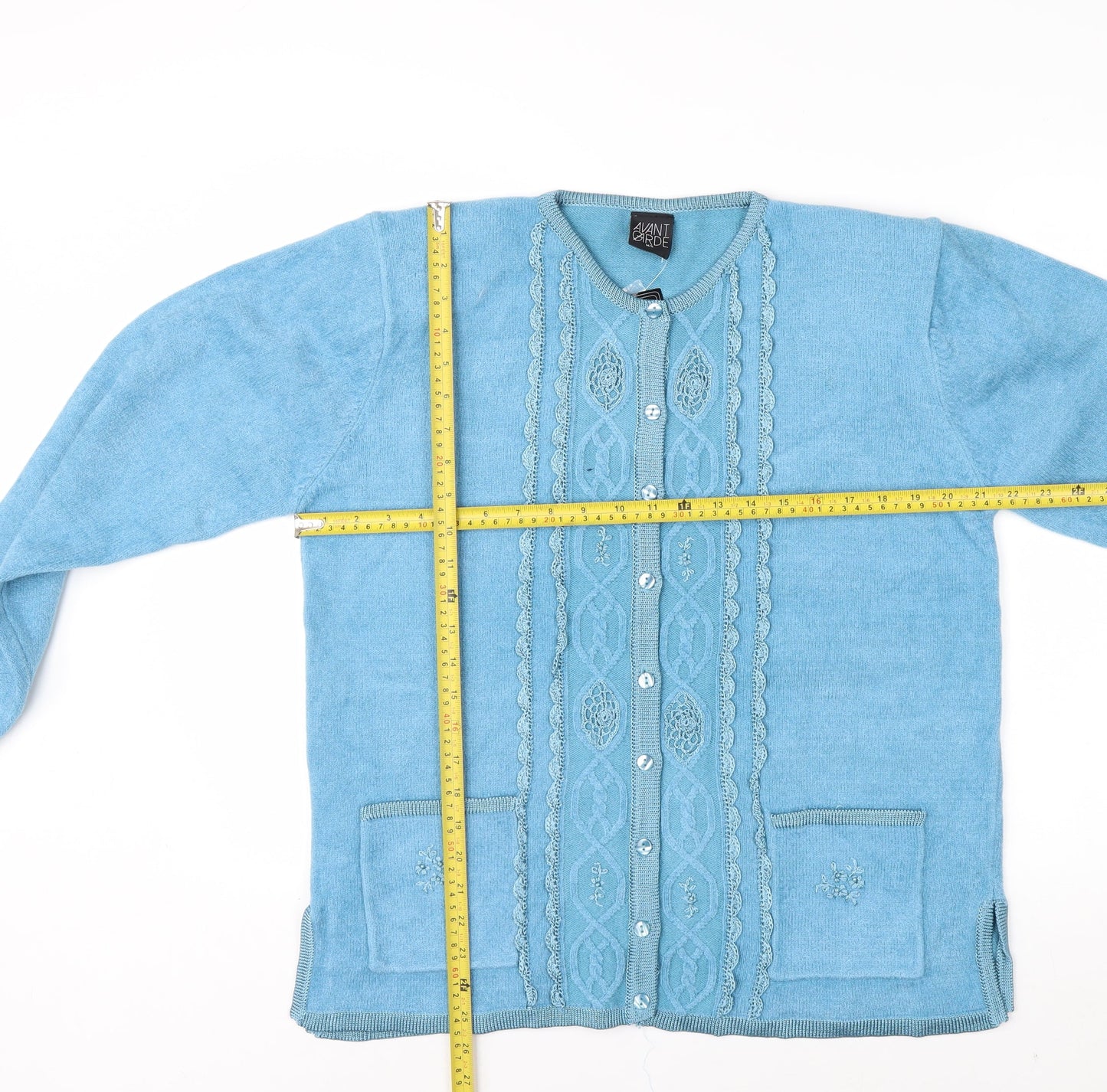 Avant Garde Women Blue M/L Cardigan Embroidered Knit Long Sleeve