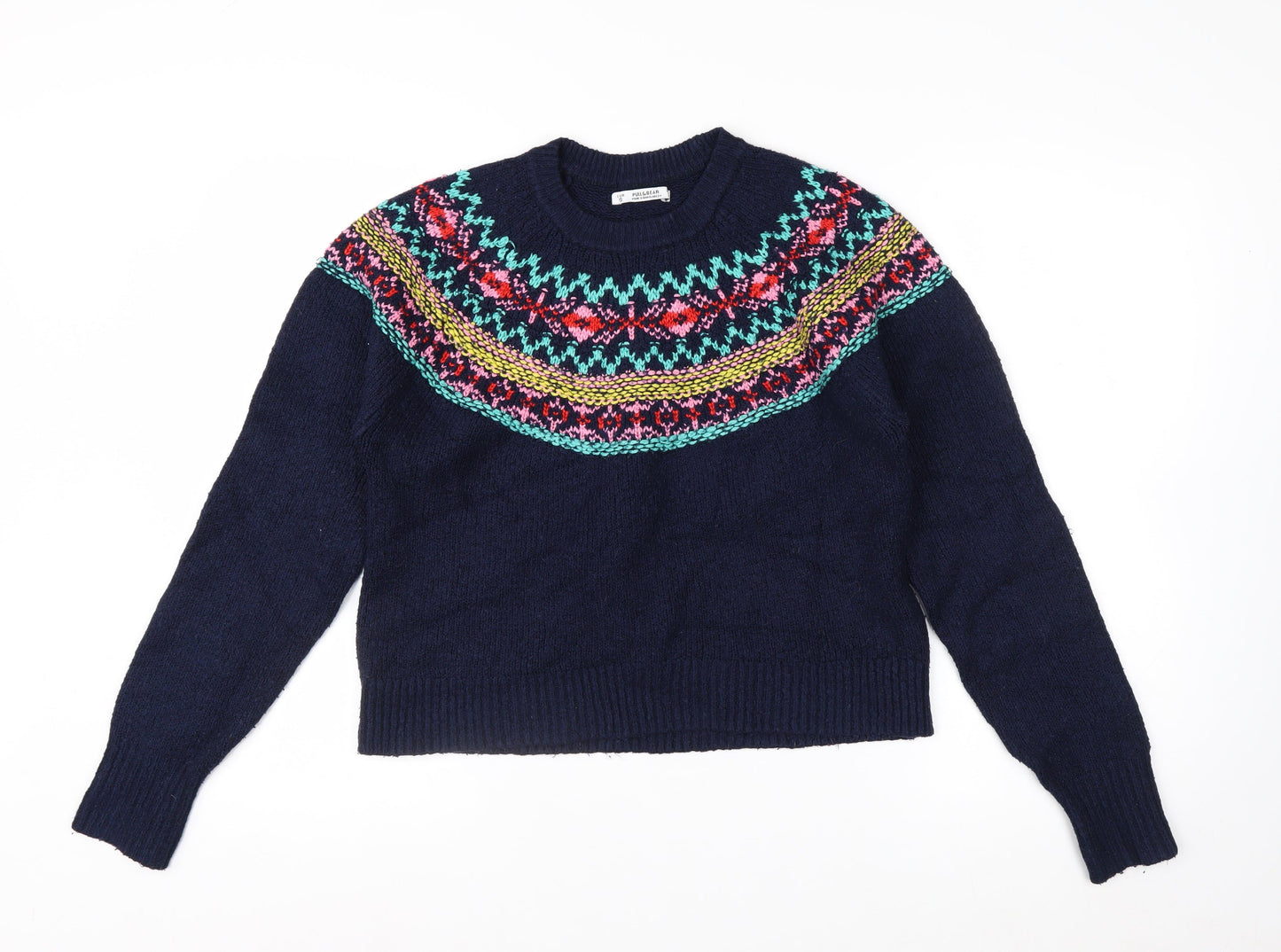 Pull & Bear Women's Blue Fair Isle Crew Neck Jumper Size 8