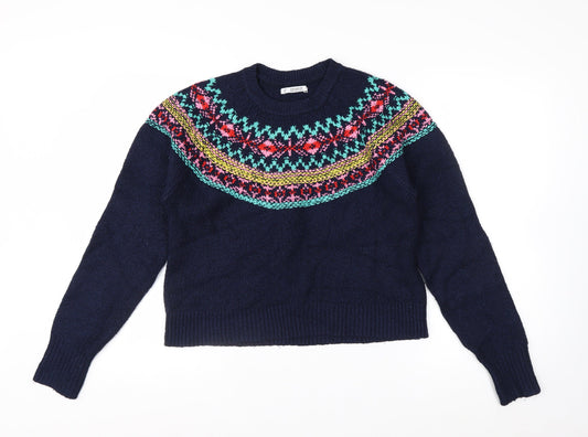 Pull & Bear Women's Blue Fair Isle Crew Neck Jumper Size 8