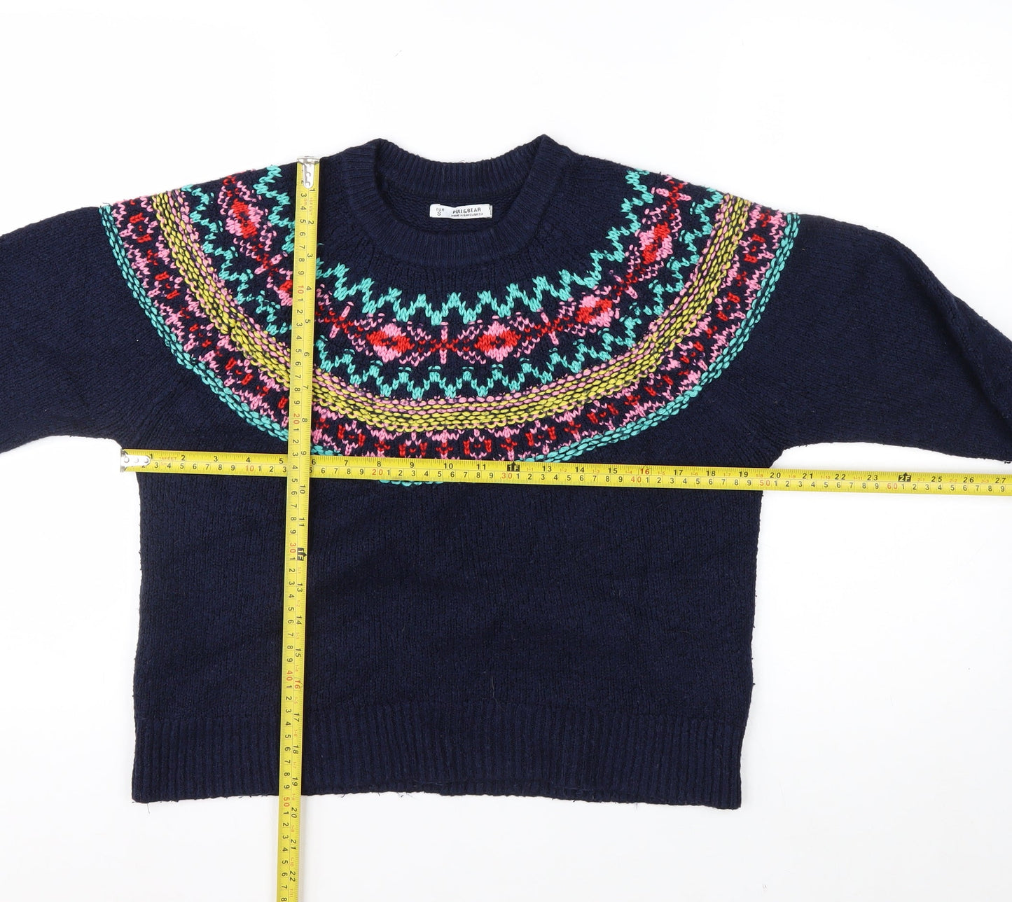 Pull & Bear Women's Blue Fair Isle Crew Neck Jumper Size 8