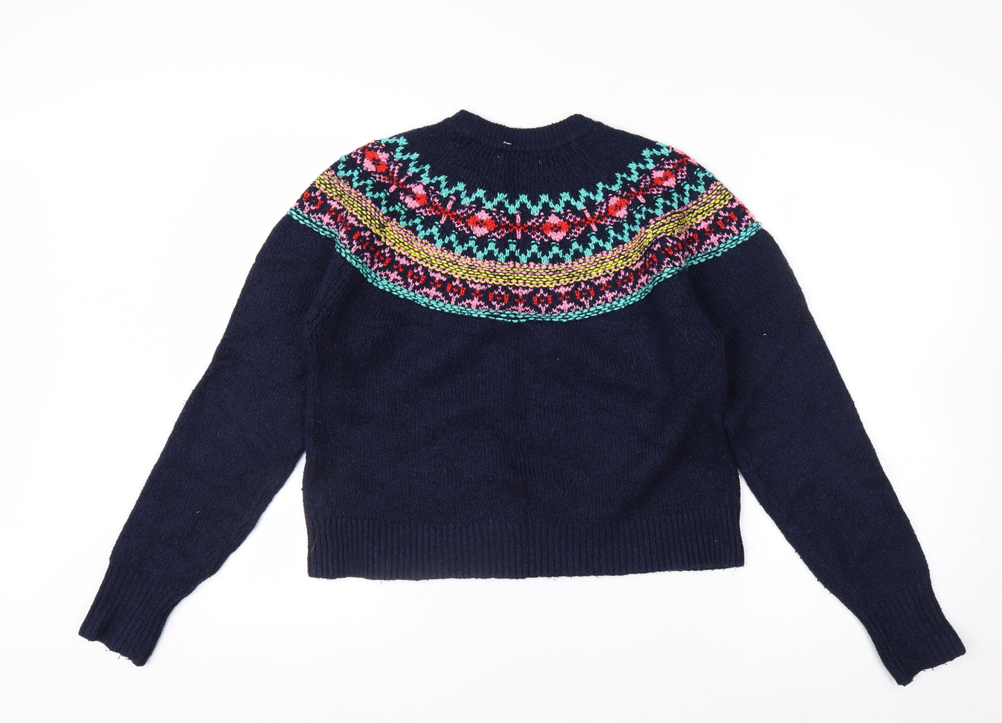 Pull & Bear Women's Blue Fair Isle Crew Neck Jumper Size 8
