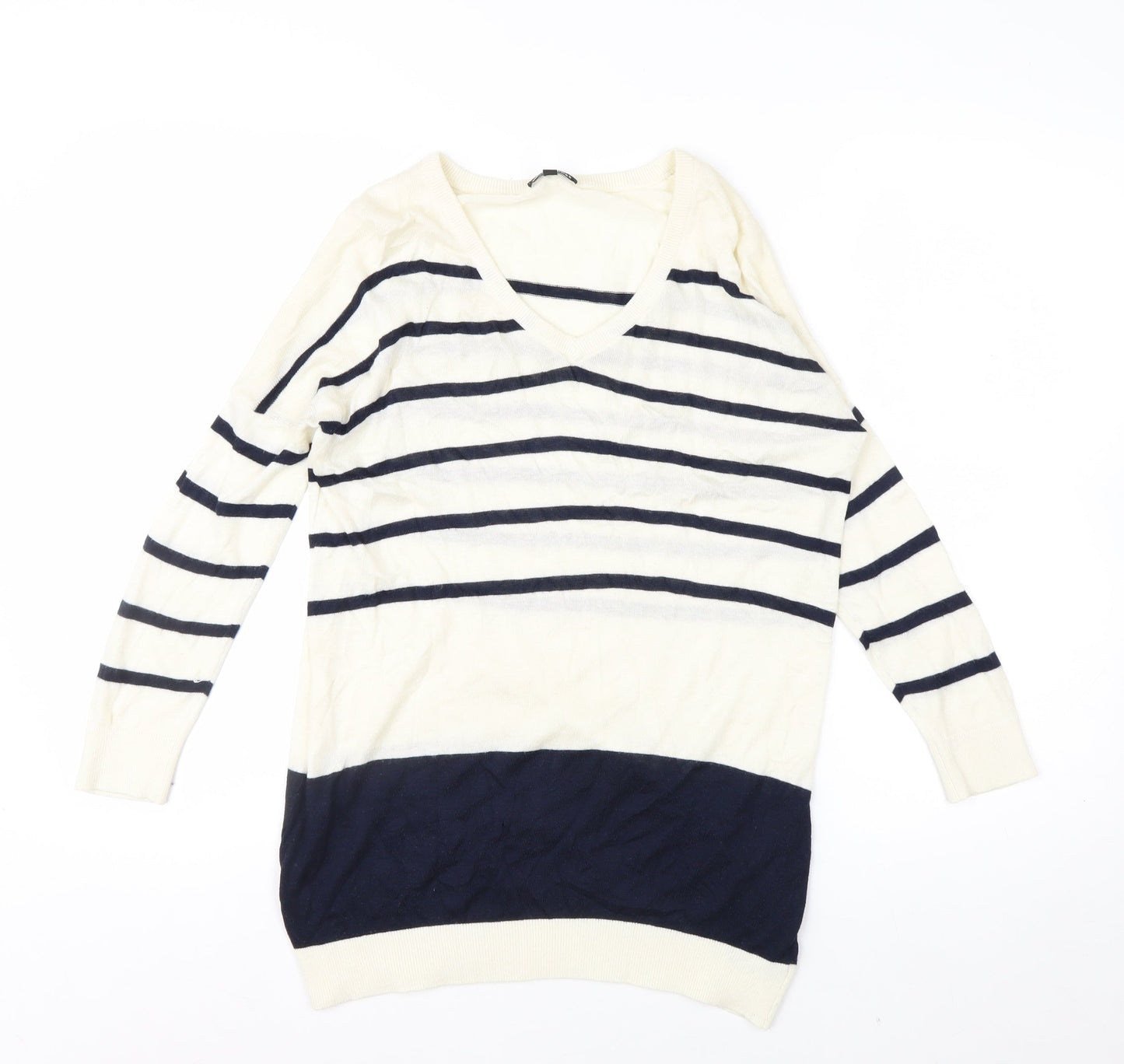 Warehouse Women’s Ivory Navy Striped V-Neck Knit Jumper Size 10