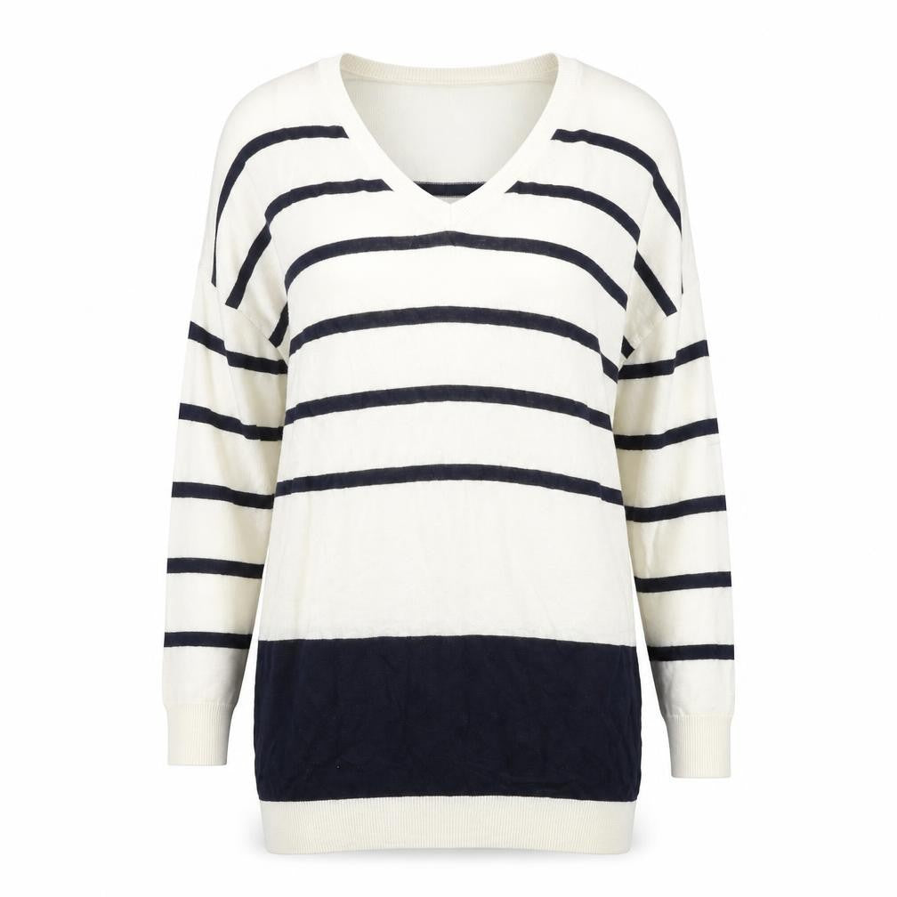 Warehouse Women’s Ivory Navy Striped V-Neck Knit Jumper Size 10