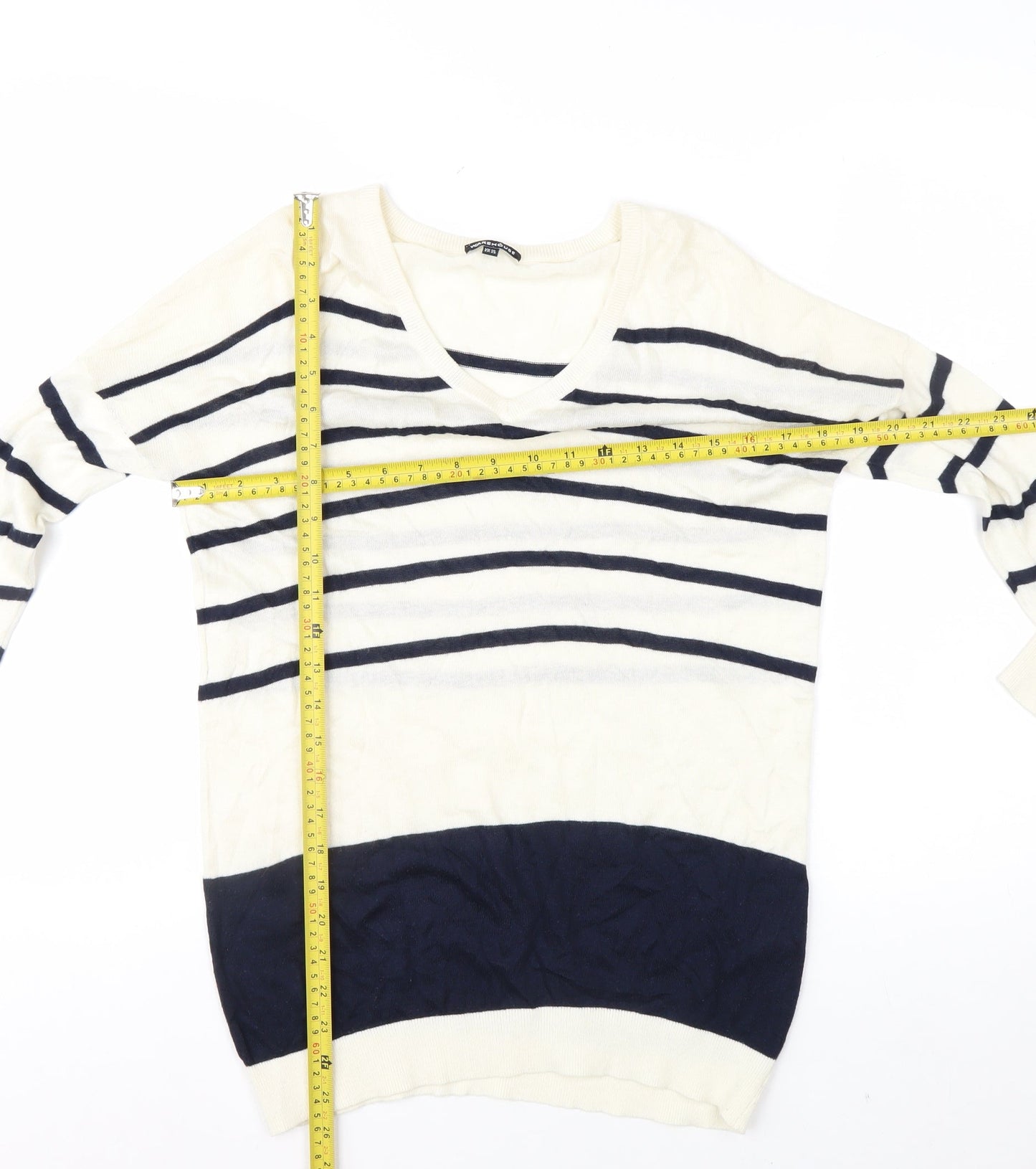 Warehouse Women’s Ivory Navy Striped V-Neck Knit Jumper Size 10