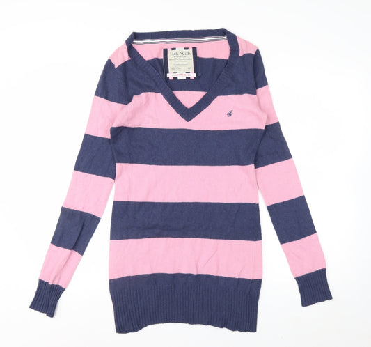 Jack Wills Womens Pink & Navy Stripe V-Neck Cashmere Blend Jumper Size 12