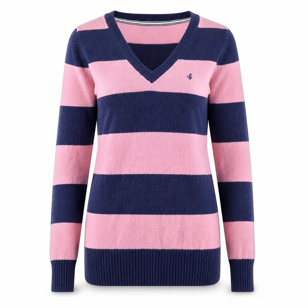 Jack Wills Womens Pink & Navy Stripe V-Neck Cashmere Blend Jumper Size 12
