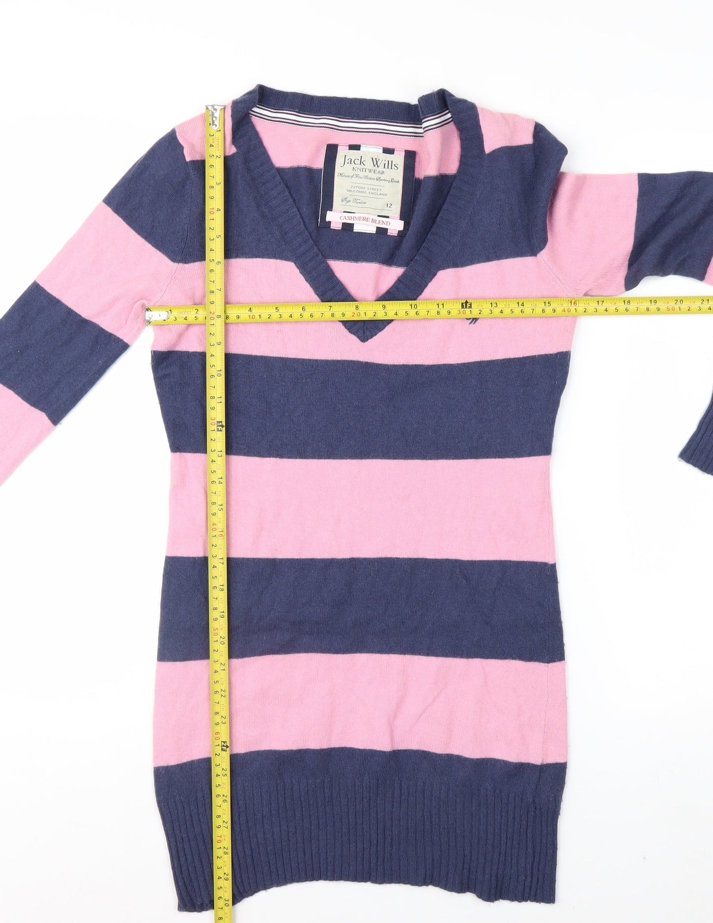 Jack Wills Womens Pink & Navy Stripe V-Neck Cashmere Blend Jumper Size 12