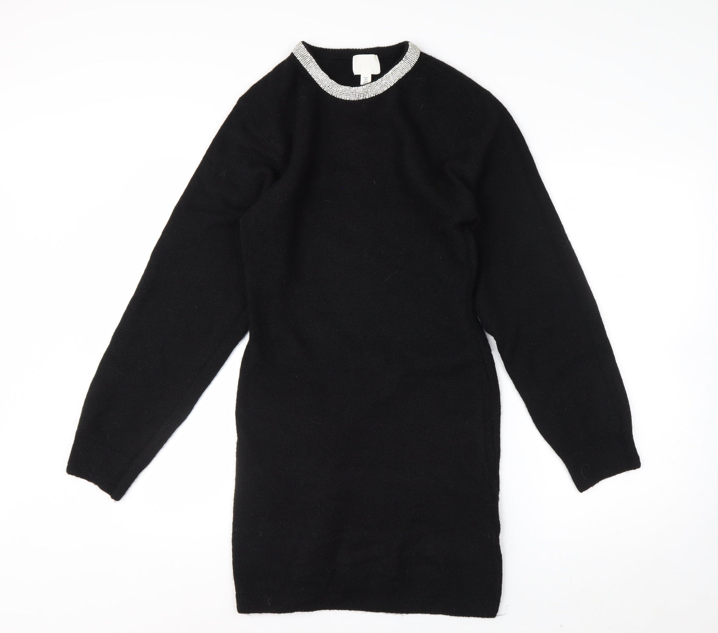 H&M Women's Black Rhinestone Crew Neck Long Sleeve Jumper Size 10