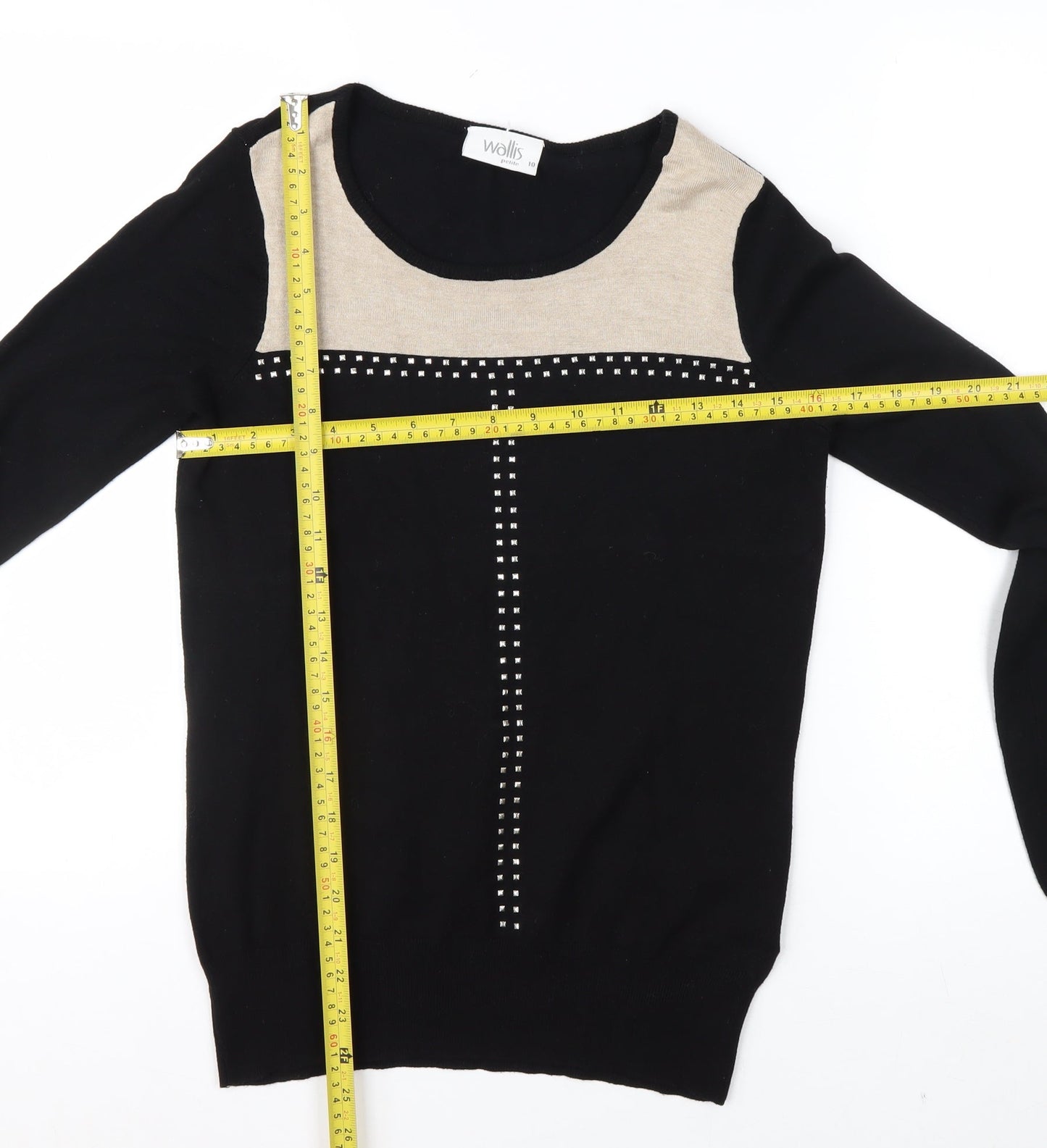 Wallis Petite Black Colourblock Studded Long Sleeve Blouse Size 10