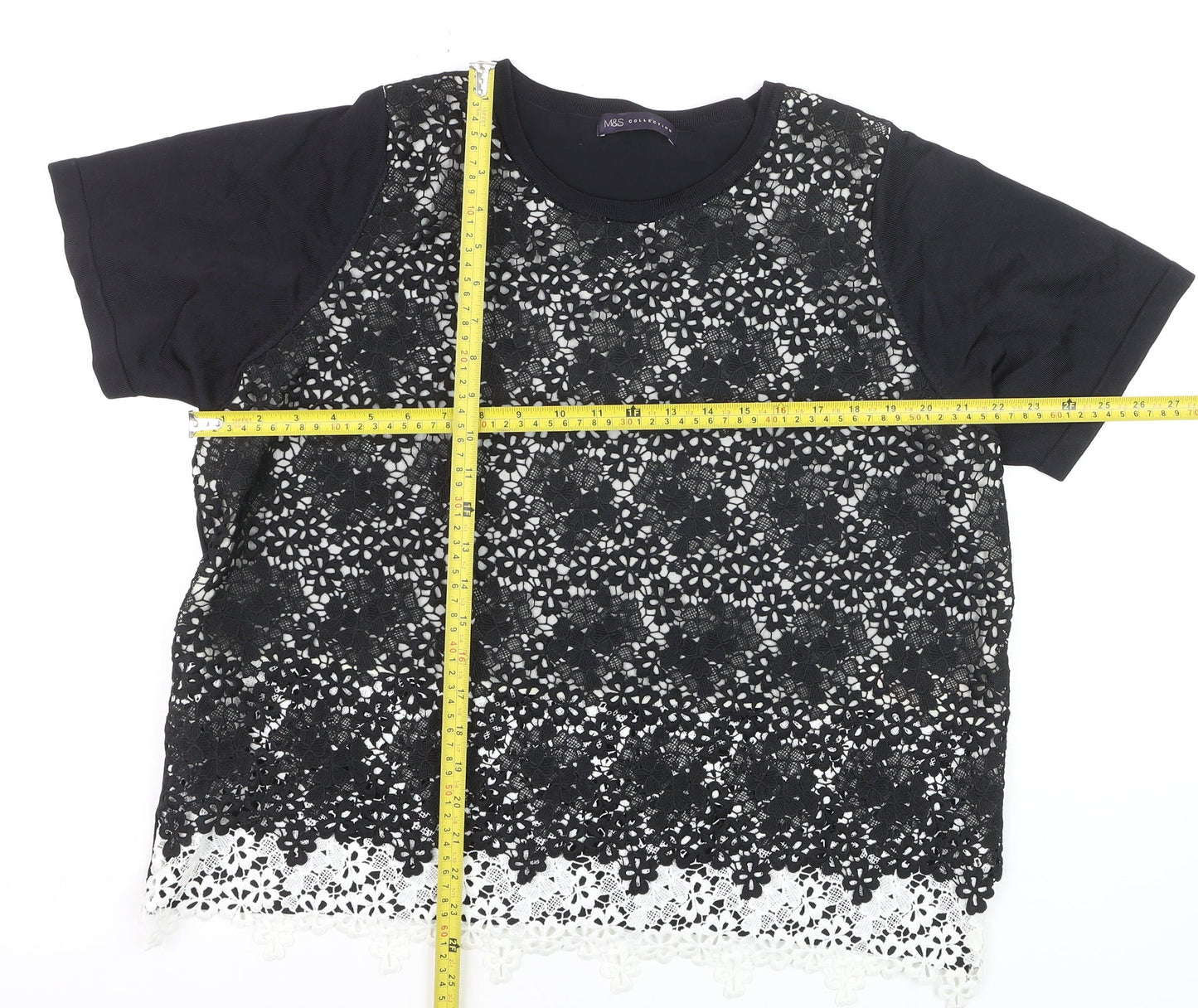Marks and Spencer Women's Black Floral Lace Overlay Short Sleeve T-Shirt Size 20