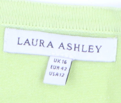 Laura Ashley Women's Green V-Neck Cotton Pullover Jumper Size 16