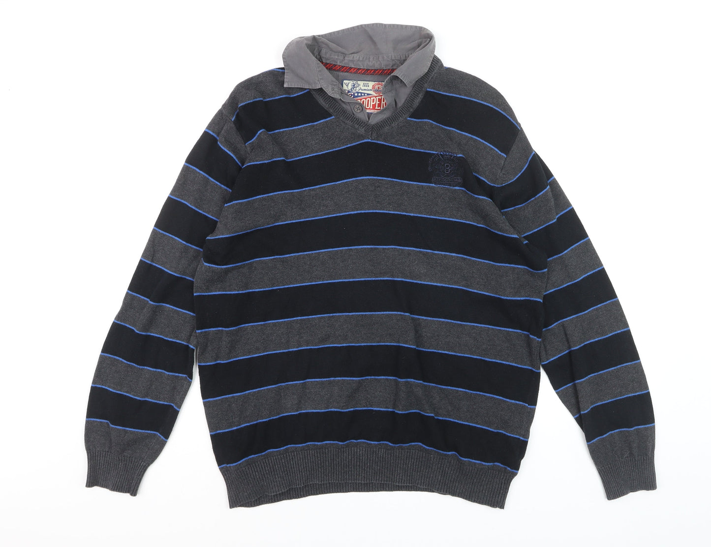 Lee Cooper Men's Grey Striped Cotton V-Neck Jumper Size L
