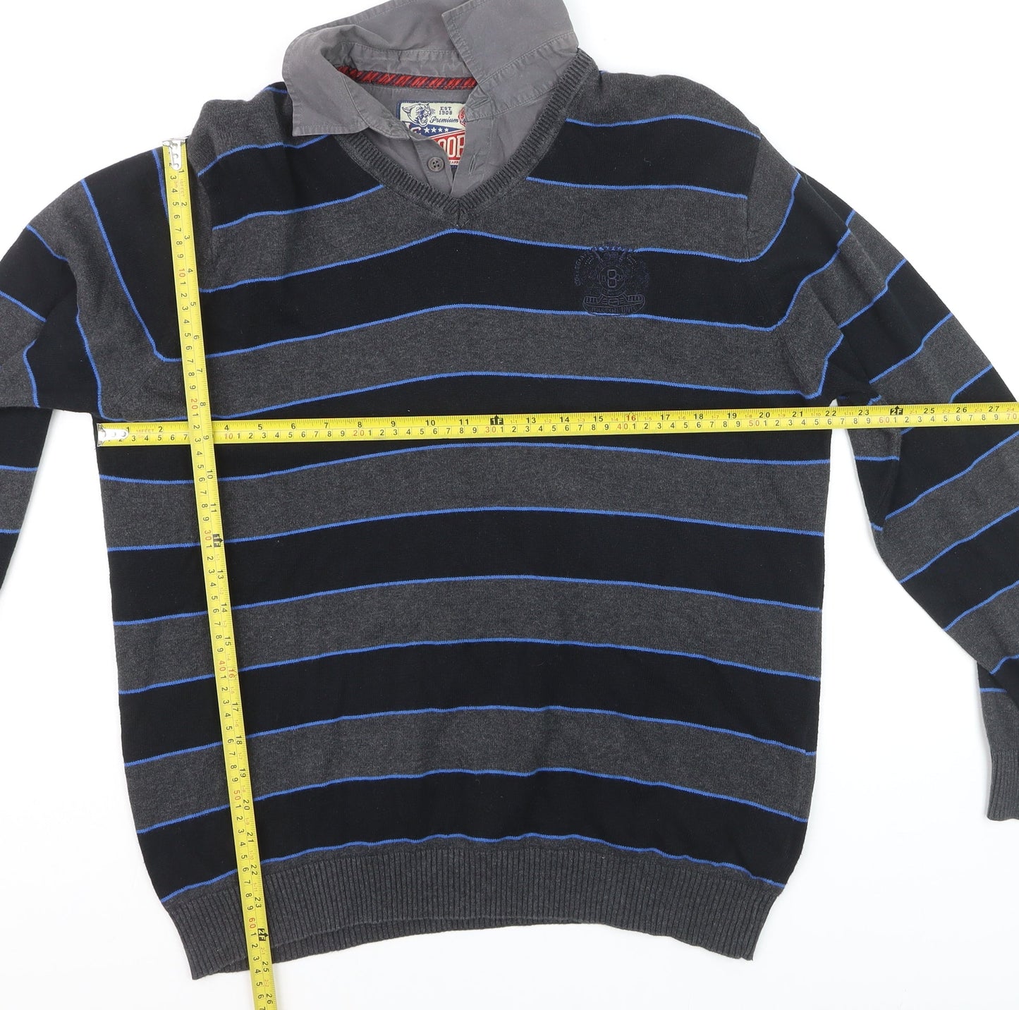 Lee Cooper Men's Grey Striped Cotton V-Neck Jumper Size L
