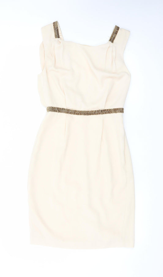 Warehouse Womens Beige Sheath Dress UK 10 Sleeveless Beaded Belt Classic Style