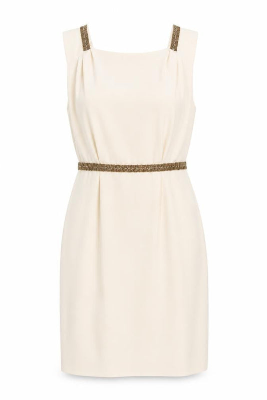 Warehouse Womens Beige Sheath Dress UK 10 Sleeveless Beaded Belt Classic Style
