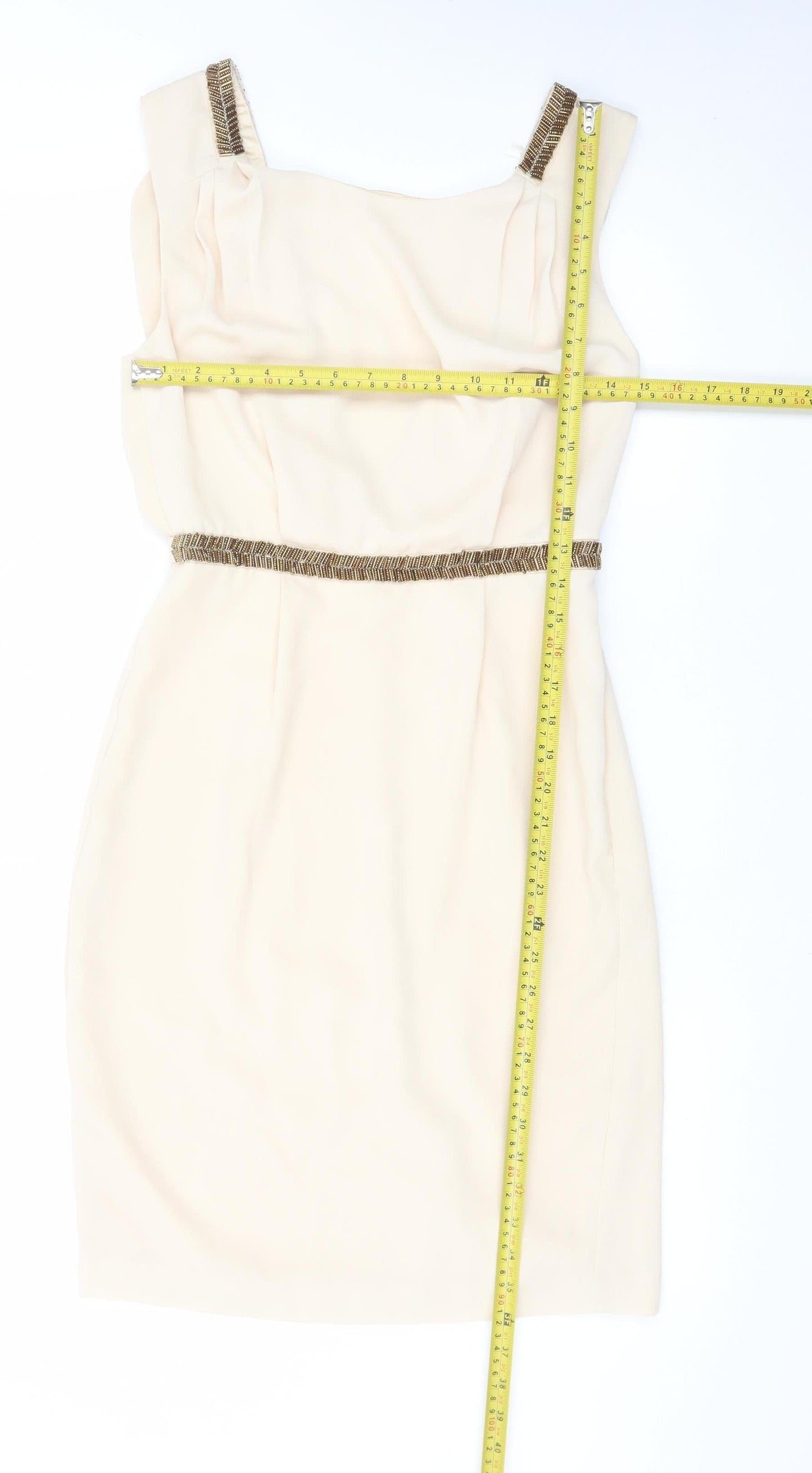 Warehouse Womens Beige Sheath Dress UK 10 Sleeveless Beaded Belt Classic Style