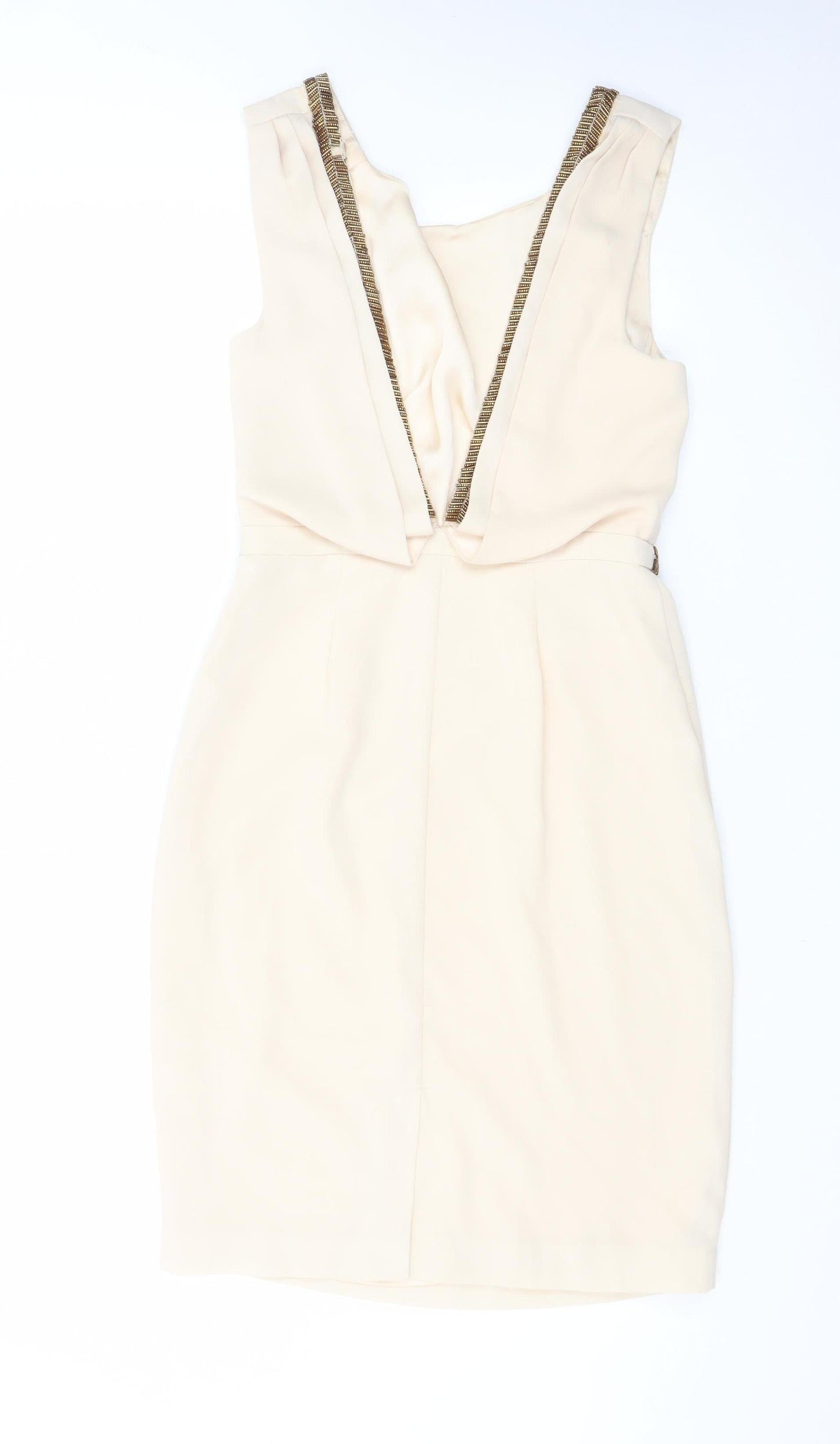 Warehouse Womens Beige Sheath Dress UK 10 Sleeveless Beaded Belt Classic Style