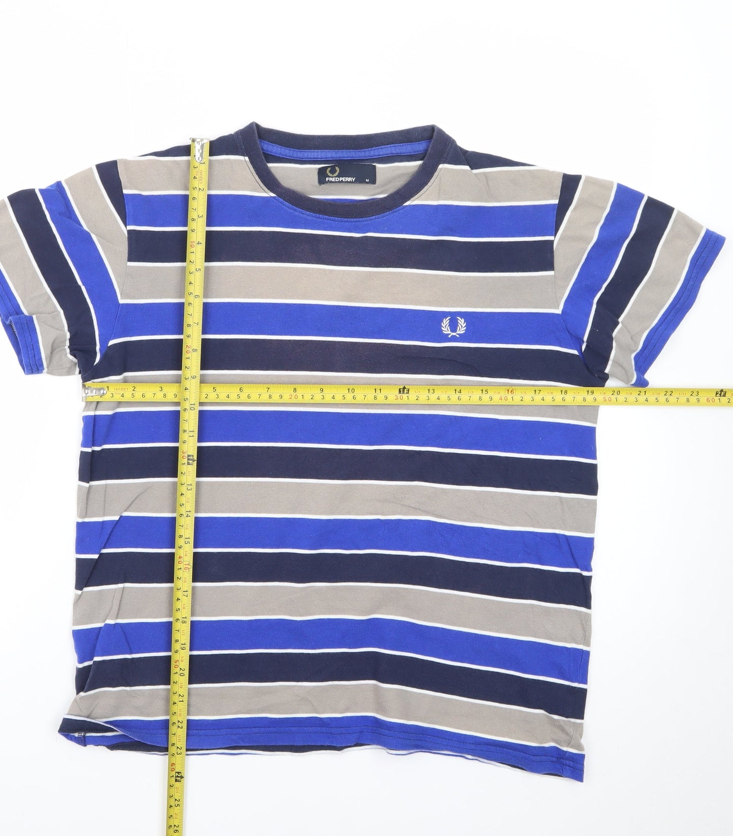 Fred Perry Men's Blue Striped Crew Neck Cotton T-Shirt Size M