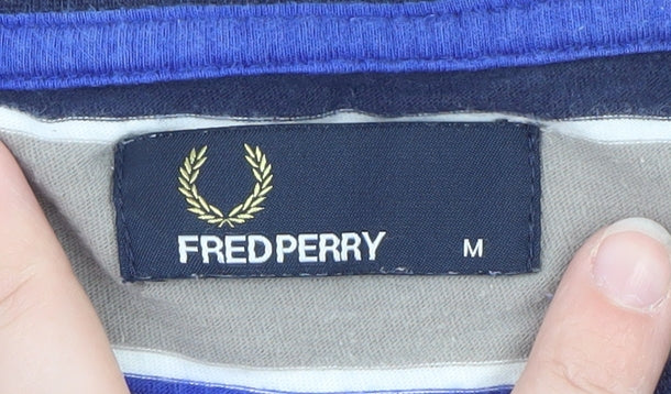 Fred Perry Men's Blue Striped Crew Neck Cotton T-Shirt Size M