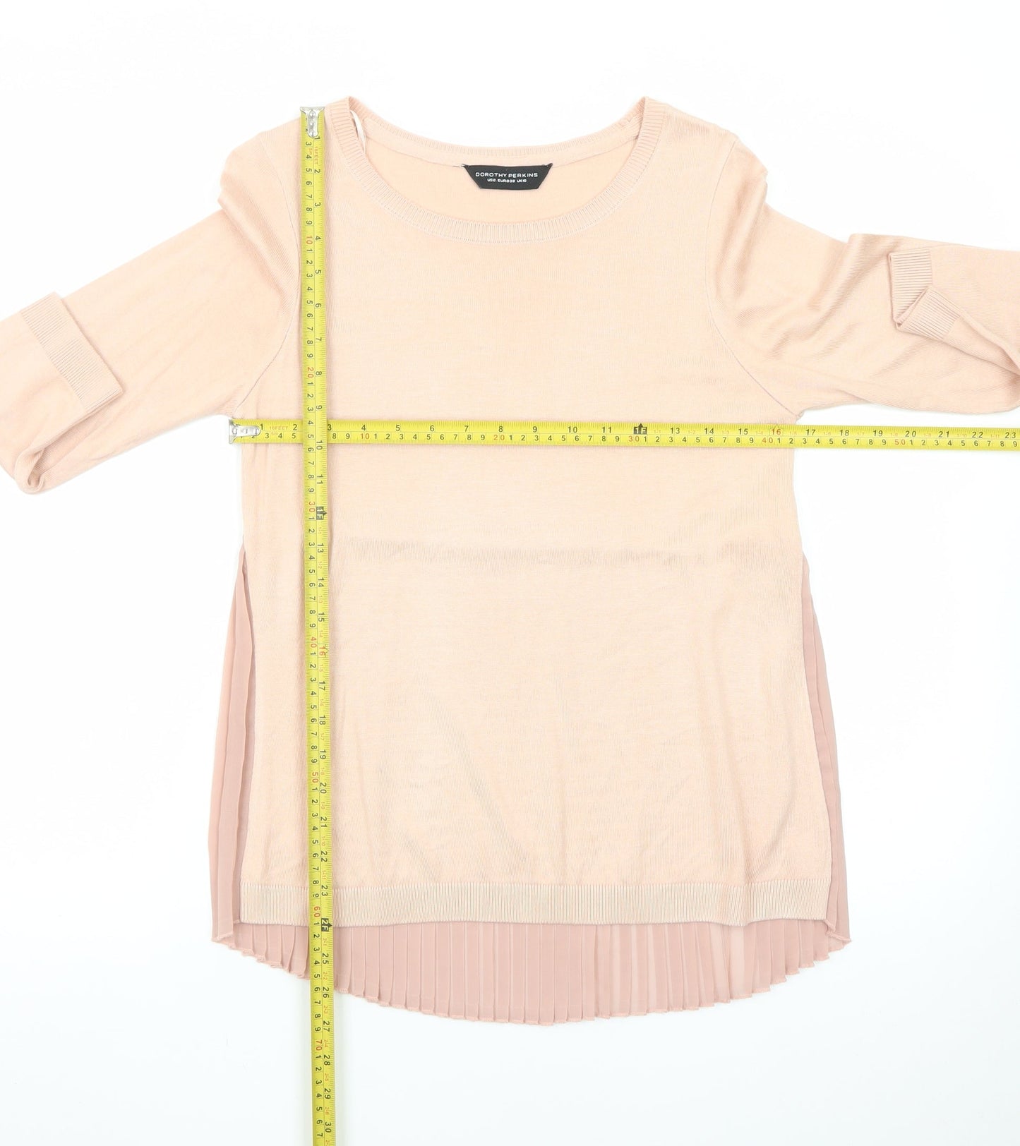 Dorothy Perkins Women Pink Pleated Hem Crew Neck 3/4 Sleeve Jumper Size 10